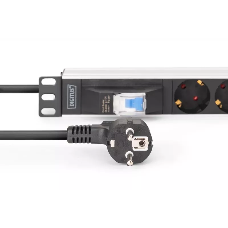 DIGITUS PDU - 1U aliuminio stovo lizdų juosta 7x saugos lizdai 16A 4000W 250VAC 50/60Hz 1x grandinės pertraukiklis