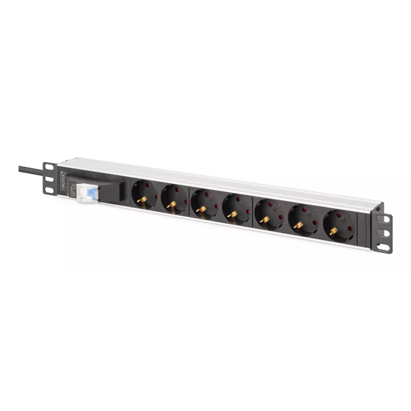 DIGITUS PDU - 1U aliuminio stovo lizdų juosta 7x saugos lizdai 16A 4000W 250VAC 50/60Hz 1x grandinės pertraukiklis