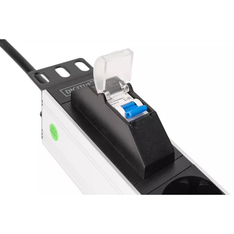 DIGITUS PDU - 1U aliuminio stovo lizdų juosta 7x saugos lizdai 16A 4000W 250VAC 50/60Hz 1x grandinės pertraukiklis