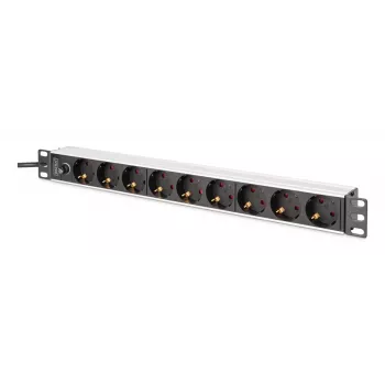 DIGITUS PDU - 1U aliumininis stovo maitinimo skirstytuvas 8x CEE 7/7 lizdai 1x lizdas 10A kištukas 250VAC 50/60Hz IEC C14 kištukas su saugikliu