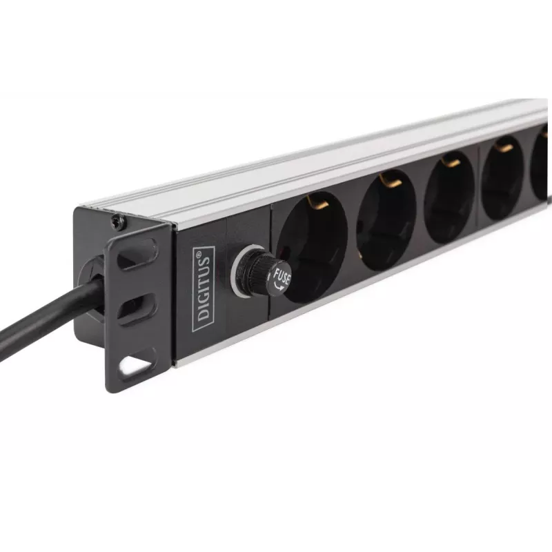 DIGITUS PDU - 1U aliumininis stovo maitinimo skirstytuvas 8x CEE 7/7 lizdai 1x lizdas 10A kištukas 250VAC 50/60Hz IEC C14 kištukas su saugikliu