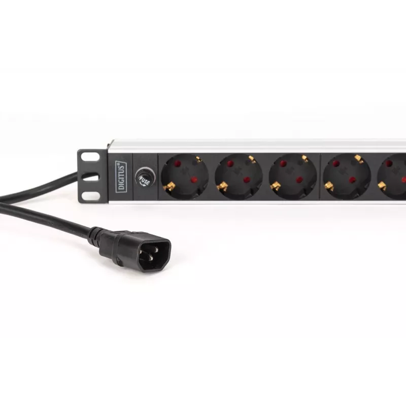 DIGITUS PDU - 1U aliumininis stovo maitinimo skirstytuvas 8x CEE 7/7 lizdai 1x lizdas 10A kištukas 250VAC 50/60Hz IEC C14 kištukas su saugikliu