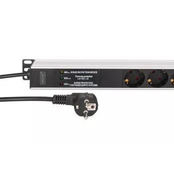 DIGITUS DN-95438 PDU – 1U maitinimo skirstytuvas su filtru ir apsauga nuo viršįtampių, 9x kištukinis lizdas, 2 m laidas, 16 A, 3600 W