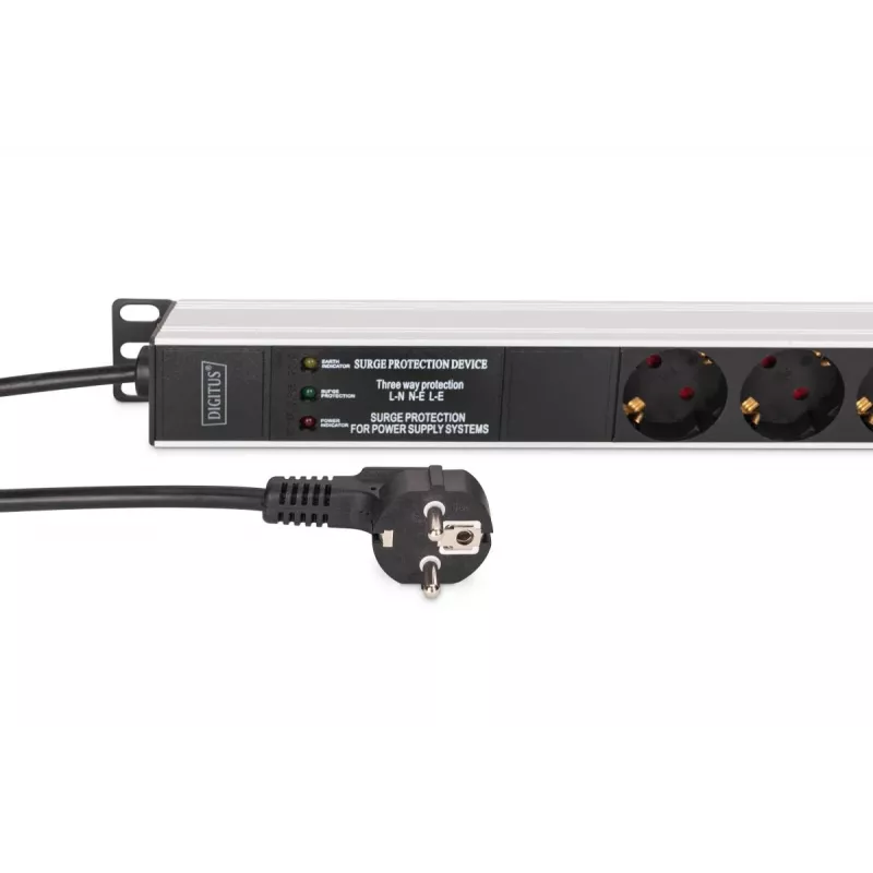 DIGITUS DN-95438 PDU – 1U maitinimo skirstytuvas su filtru ir apsauga nuo viršįtampių, 9x kištukinis lizdas, 2 m laidas, 16 A, 3600 W