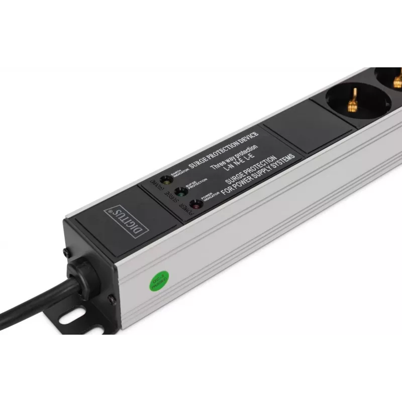DIGITUS DN-95438 PDU – 1U maitinimo skirstytuvas su filtru ir apsauga nuo viršįtampių, 9x kištukinis lizdas, 2 m laidas, 16 A, 3600 W