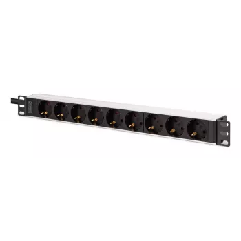 DIGITUS DN-95440 PDU – 1U aliumininis stelažinis maitinimo skirstytuvas su 8x apsaugotais lizdais ir 1x išėjimu, 16A, 230VAC, IEC C20 kištukas