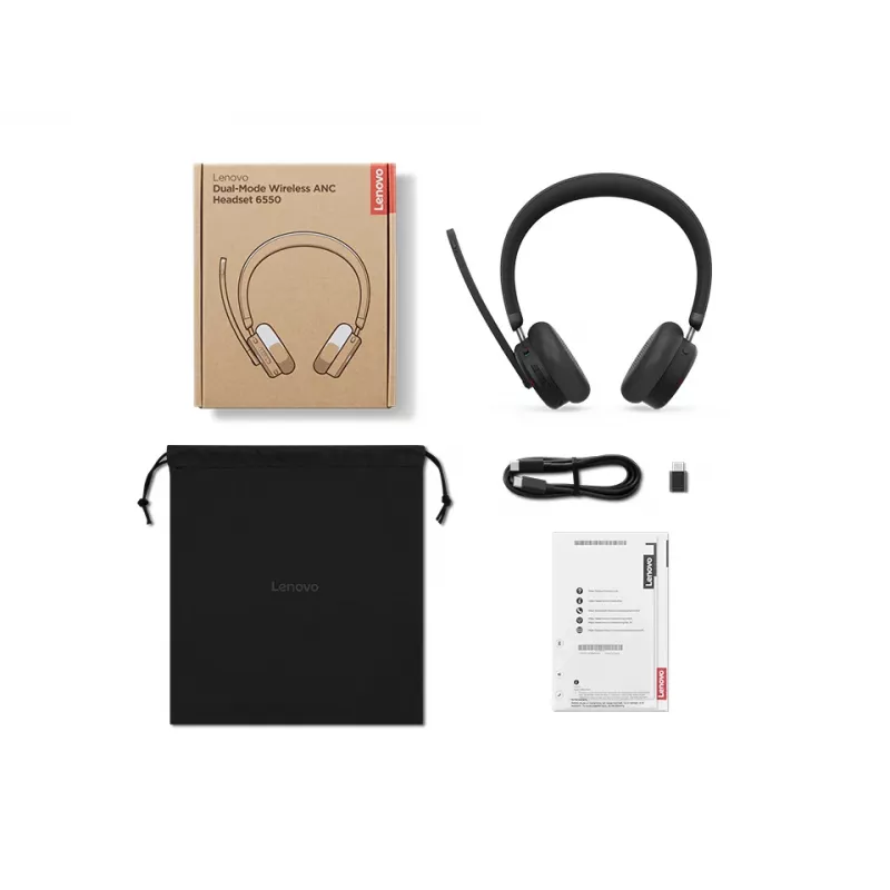 Lenovo 6550 belaidė ausinė su ausų lankeliu, skirta biurui / skambučių centrams, USB-C, Bluetooth, juoda