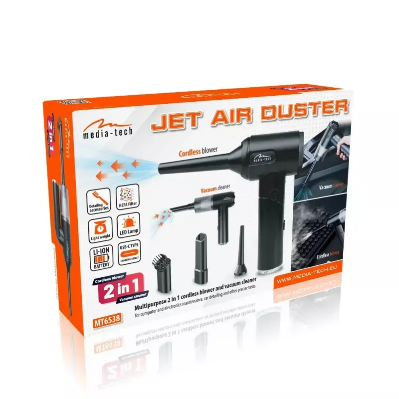 Mini pūstuvas MEDIA-TECH MT6538 2 IN 1 Jet Air Duster – belaidis nešiojamas valiklis, 2000 mAh, 65 W, 2500 l/min, 7000 Pa