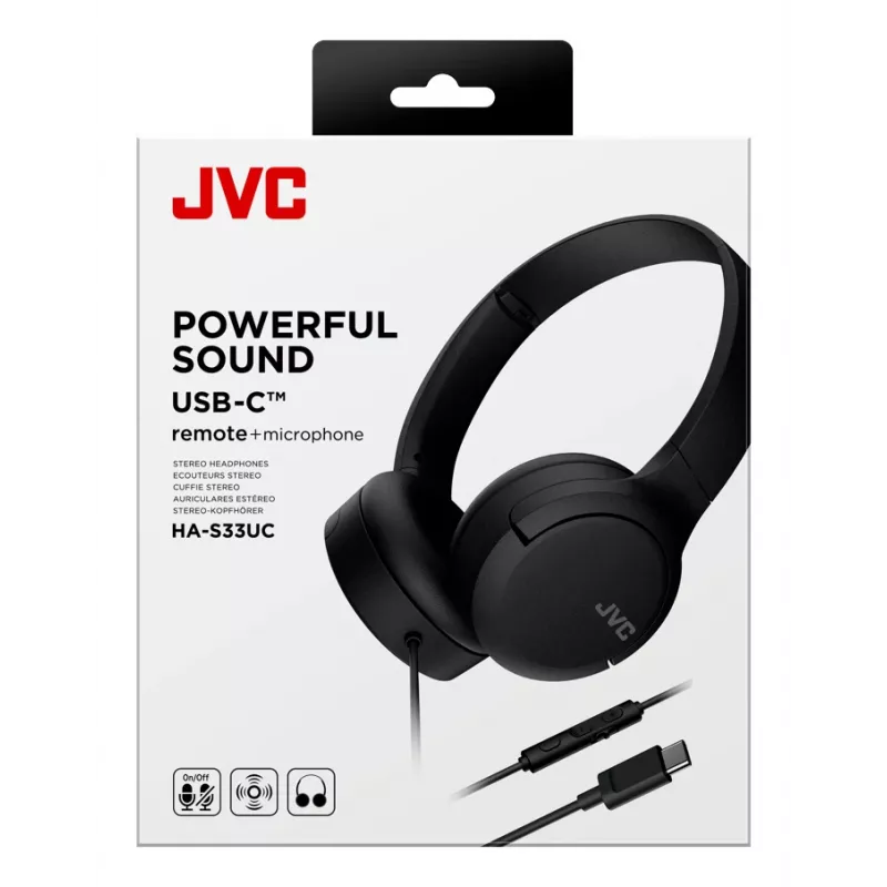 JVC HA-S33UC-BU laidinės ausinės ant ausų su USB-C, mikrofonu ir pulteliu, 1,2 m laidas, juodos spalvos