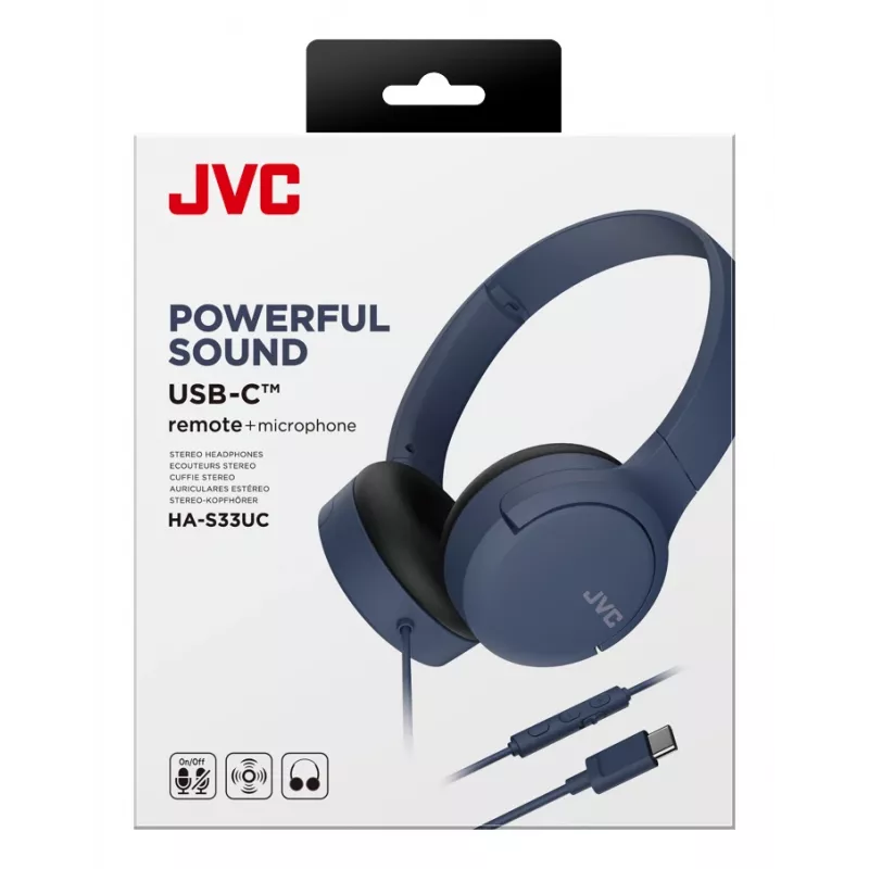 Ausinės JVC HA-S33UCAU laidinės binauralinės galvos lankas USB-C, 2 garsiakalbiai 2,97 cm, 20–20000 Hz, kabelis 1,2 m, mėlyna