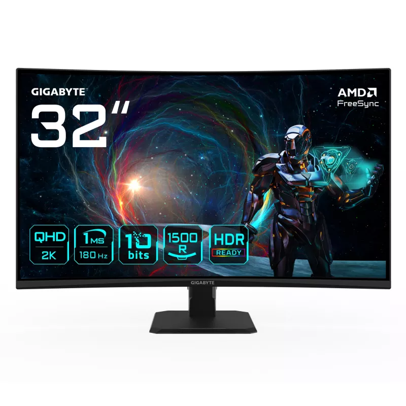 GIGABYTE GS32QCA 31,5 colio QHD lenktas žaidimų monitorius - 2560 x 1440, 180Hz, 1ms, 250 cd/m², FreeSync, HDR Ready, HDMI 2.0, Displayport 1.4