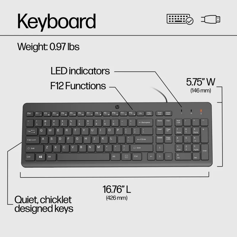 HP 150 Wired klaviatūra, pilno dydžio (100%), laidinė, USB, membraninė, QWERTY, juoda