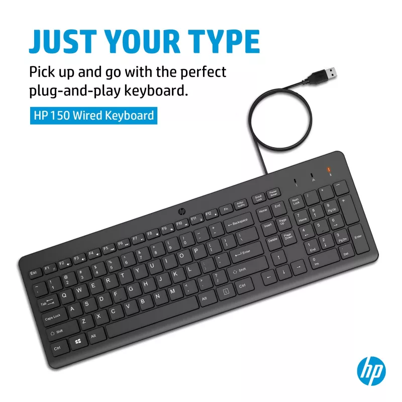 HP 150 Wired klaviatūra, pilno dydžio (100%), laidinė, USB, membraninė, QWERTY, juoda