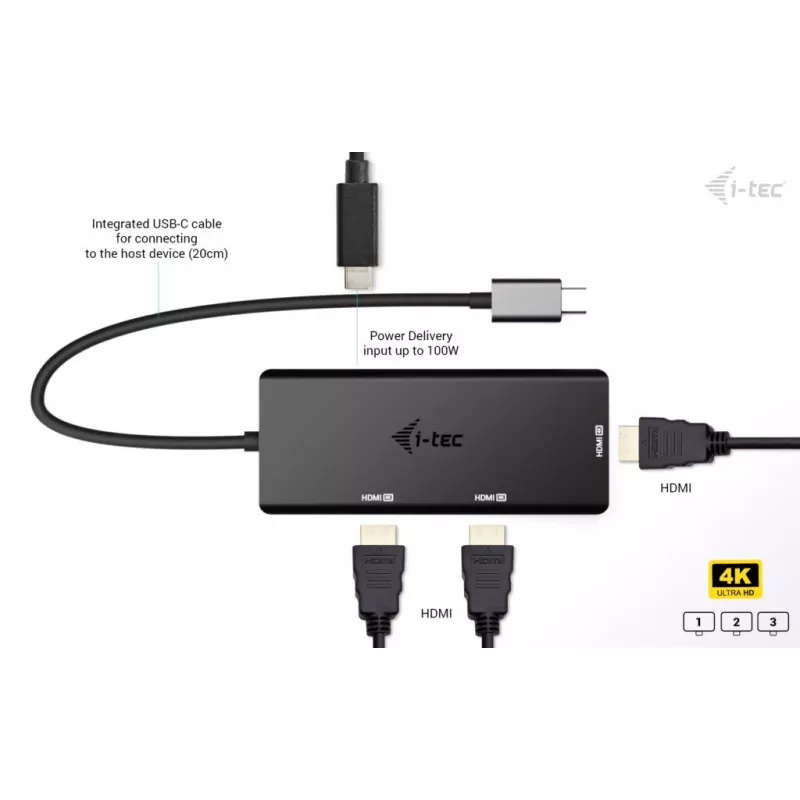 i-tec USB-C Triple 4K HDMI vaizdo adapteris, Power Delivery 100W