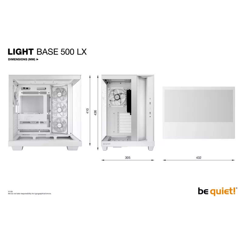 Korpusas be quiet Light Base 500 LX White Midi Tower ATX/PS2 PSU palaikymas 3x120 mm priekyje 1x120 mm gale palaiko 2.5/3.5 colio diskus 305×436×432 mm