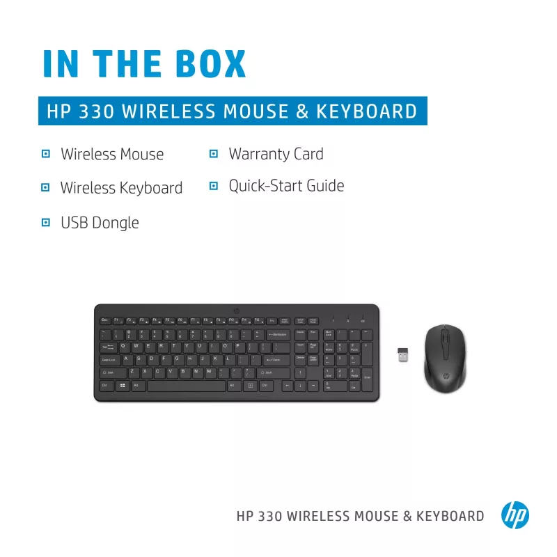 HP 330 belaidė klaviatūra ir pelė, pilno dydžio (100 %), RF belaidė, QWERTY, juoda, su pele