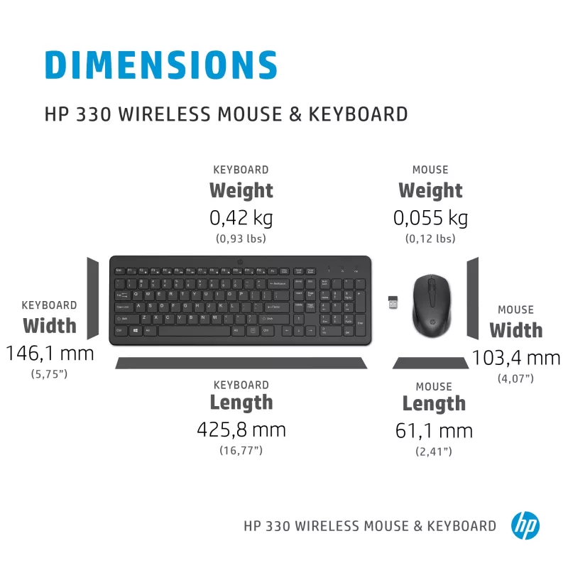 HP 330 belaidė klaviatūra ir pelė, pilno dydžio (100 %), RF belaidė, QWERTY, juoda, su pele