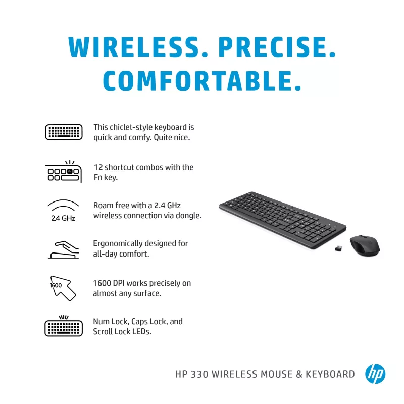 HP 330 belaidė klaviatūra ir pelė, pilno dydžio (100 %), RF belaidė, QWERTY, juoda, su pele