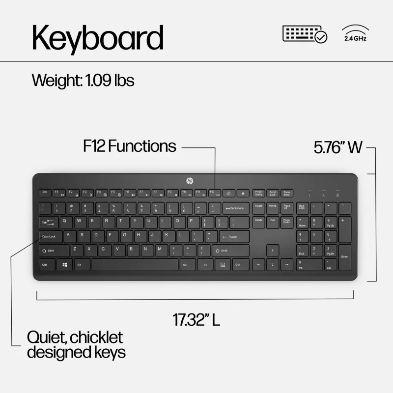 HP 230 belaidė klaviatūra ir pelė, pilno dydžio, RF belaidis ryšys, membraninė, juoda