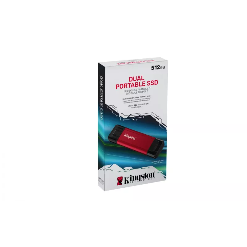 Išorinis SSD Kingston 512GB Dual USB-A/USB-C Nešiojamas, USB 3.2 Gen 2, Skaitymas 1050MB/s, Rašymas 950MB/s, Juodas/Raudonas