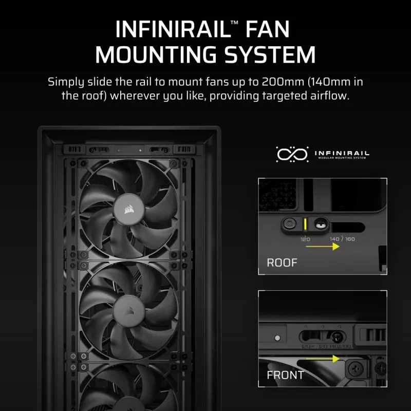 Kompiterio korpusas PC Midi Tower CORSAIR FRAME 5000D RS — juodas, ATX/EATX, 3x140 mm priekiniai ventiliatoriai, grūdintas stiklas, 250×556×542 mm