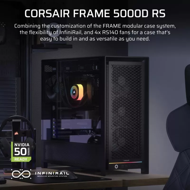 Kompiterio korpusas PC Midi Tower CORSAIR FRAME 5000D RS — juodas, ATX/EATX, 3x140 mm priekiniai ventiliatoriai, grūdintas stiklas, 250×556×542 mm