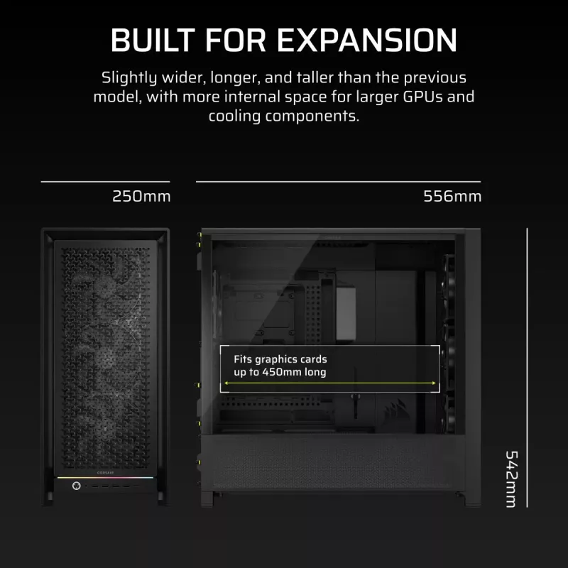 Kompiterio korpusas PC Midi Tower CORSAIR FRAME 5000D RS — juodas, ATX/EATX, 3x140 mm priekiniai ventiliatoriai, grūdintas stiklas, 250×556×542 mm