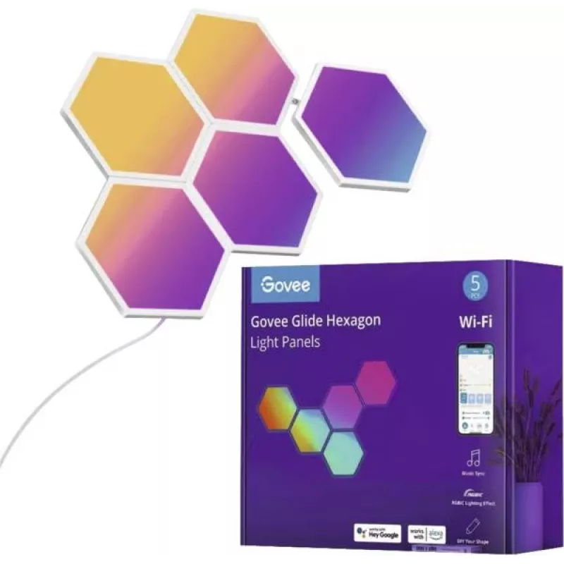 LED šviesos plokštės Govee B6061 5 vnt. RGB spalvų keitimas – modulinė dekoratyvinė sieninė apšvietimo sistema