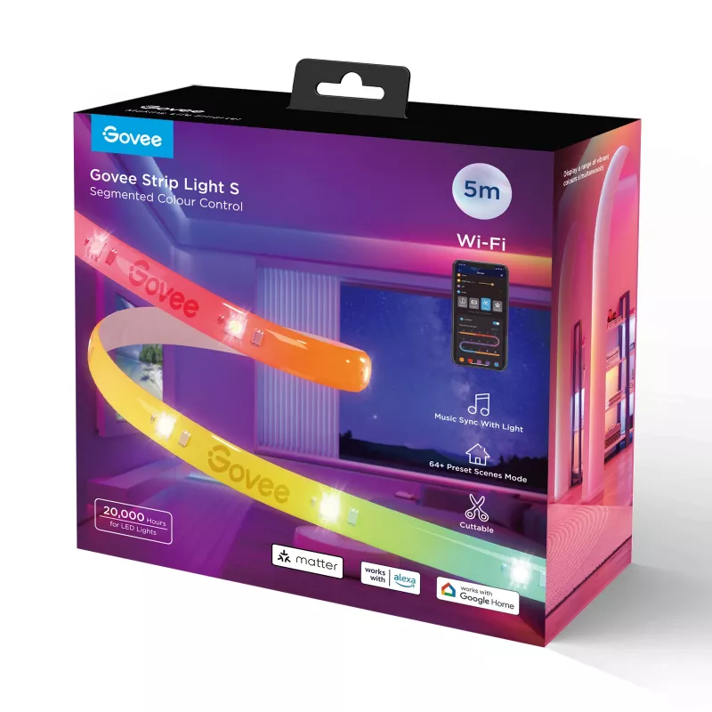 Govee Strip Light S 5m protinga LED juosta – Wi‑Fi/Bluetooth, RGBIC, 5000 mm, balta