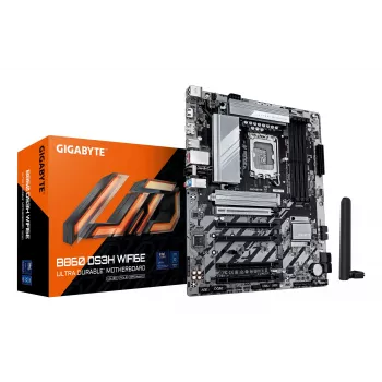 GIGABYTE B860 DS3H WIFI6E pagrindinė plokštė – Intel Core Ultra serijos procesoriams, 8+1+2+2 fazių VRM, iki 9066MHz DDR5, 1xPCIe 5.0 + 1xPCIe 4.0 M.2, 2.5GbE LAN, WIFI 6E, USB 3.2 Gen 2x2