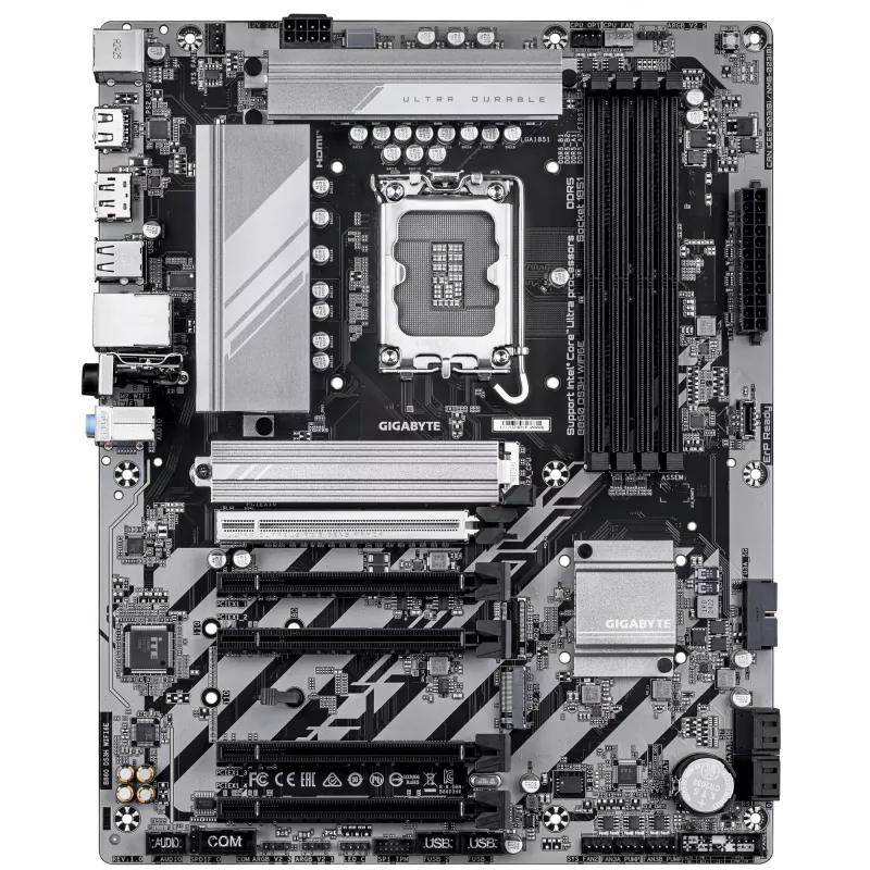 GIGABYTE B860 DS3H WIFI6E pagrindinė plokštė – Intel Core Ultra serijos procesoriams, 8+1+2+2 fazių VRM, iki 9066MHz DDR5, 1xPCIe 5.0 + 1xPCIe 4.0 M.2, 2.5GbE LAN, WIFI 6E, USB 3.2 Gen 2x2