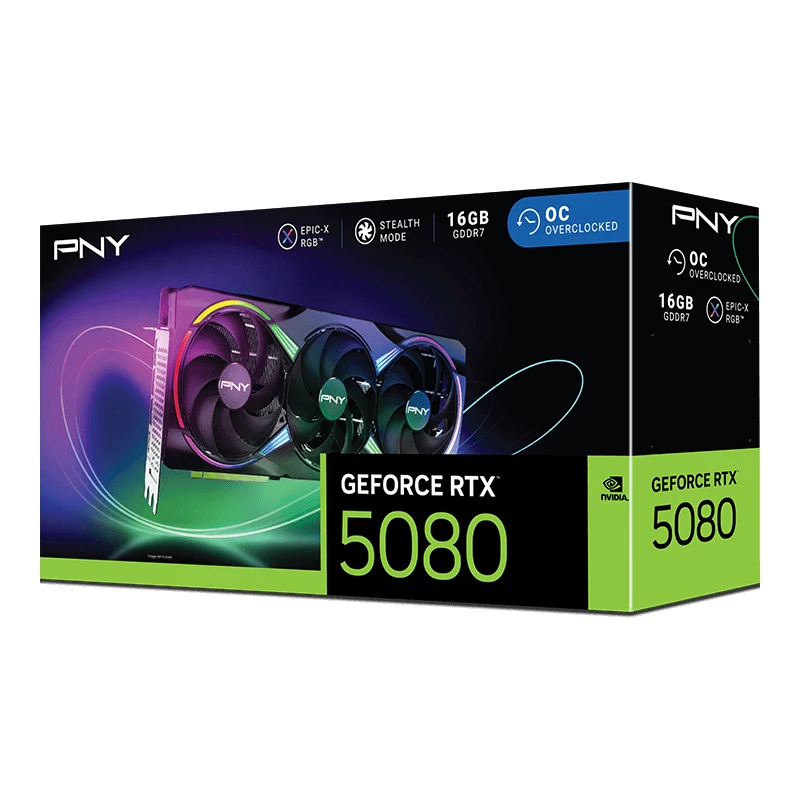 PNY GeForce RTX 5080 16GB ARGB Overclocked Triple Fan - 16 GB GDDR7 - DisplayPort 2.1b / HDMI 2.1b