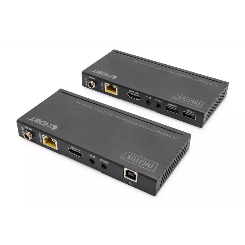 DIGITUS HDBaseT KVM Extender rinkinys. 150 m 4K/60Hz. USB 2.0. PoC. IR. juoda