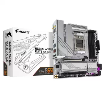 GIGABYTE B650M AORUS ELITE AX ICE pagrindinė plokštė – AMD Ryzen 9000 serijos CPU, 12+2+2 fazių VRM, iki 8000MHz DDR5 (OC), 1xPCIe 5.0 + 1xPCIe 4.0 M.2, 2.5GbE LAN, WiFi 6E, USB 3.2 Gen 2x2