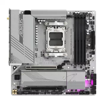 GIGABYTE B650M AORUS ELITE AX ICE pagrindinė plokštė – AMD Ryzen 9000 serijos CPU, 12+2+2 fazių VRM, iki 8000MHz DDR5 (OC), 1xPCIe 5.0 + 1xPCIe 4.0 M.2, 2.5GbE LAN, WiFi 6E, USB 3.2 Gen 2x2