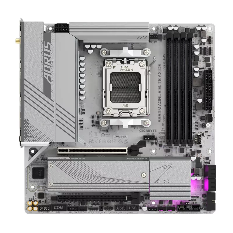 GIGABYTE B650M AORUS ELITE AX ICE pagrindinė plokštė – AMD Ryzen 9000 serijos CPU, 12+2+2 fazių VRM, iki 8000MHz DDR5 (OC), 1xPCIe 5.0 + 1xPCIe 4.0 M.2, 2.5GbE LAN, WiFi 6E, USB 3.2 Gen 2x2