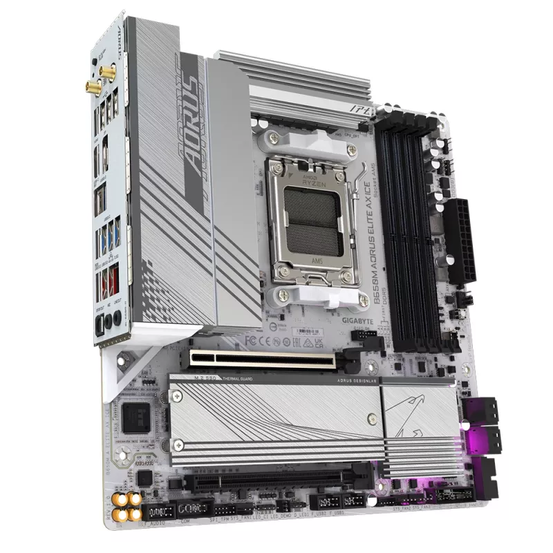 GIGABYTE B650M AORUS ELITE AX ICE pagrindinė plokštė – AMD Ryzen 9000 serijos CPU, 12+2+2 fazių VRM, iki 8000MHz DDR5 (OC), 1xPCIe 5.0 + 1xPCIe 4.0 M.2, 2.5GbE LAN, WiFi 6E, USB 3.2 Gen 2x2
