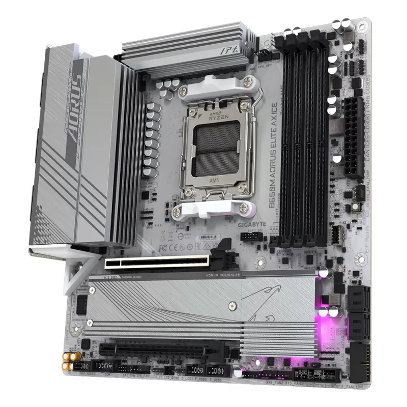 GIGABYTE B650M AORUS ELITE AX ICE pagrindinė plokštė – AMD Ryzen 9000 serijos CPU, 12+2+2 fazių VRM, iki 8000MHz DDR5 (OC), 1xPCIe 5.0 + 1xPCIe 4.0 M.2, 2.5GbE LAN, WiFi 6E, USB 3.2 Gen 2x2