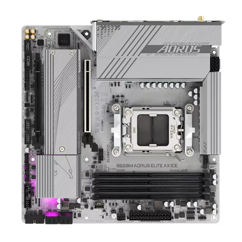 GIGABYTE B650M AORUS ELITE AX ICE pagrindinė plokštė – AMD Ryzen 9000 serijos CPU, 12+2+2 fazių VRM, iki 8000MHz DDR5 (OC), 1xPCIe 5.0 + 1xPCIe 4.0 M.2, 2.5GbE LAN, WiFi 6E, USB 3.2 Gen 2x2