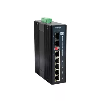 LevelOne IES-0600 pramoninis 6 prievadų Gigabit jungiklis su 1 x SFP, 1 x SFP/RJ45 Combo, -40°C iki 75°C, DIN bėgelis