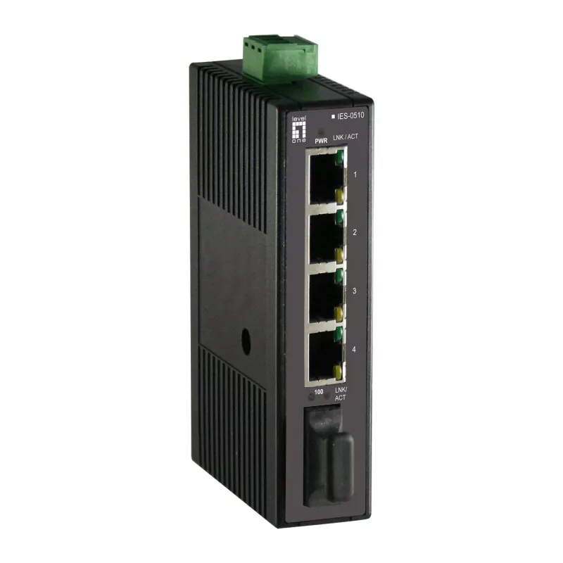 LevelOne IES-0510 5 prievadų Fast Ethernet pramoninis jungiklis su 1x SC daugiamodžiu šviesolaidžiu, DIN bėgelis, -20°C iki 70°C