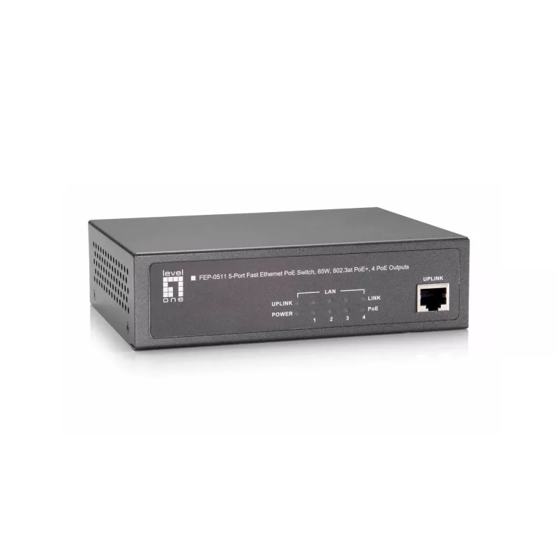 LevelOne 5 prievadų Fast Ethernet PoE jungiklis, 802.3at/af PoE, 4 PoE išėjimai, 65W