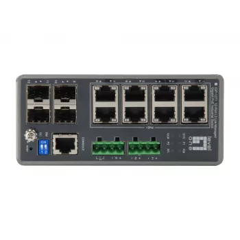 LevelOne IGP-1271 TURING 12 prievadų L3 Lite valdomas pramoninis gigabaitinis jungiklis, 8 PoE išėjimai, 240W, 802.3at/af PoE, 4 x SFP, -40°C iki 75°C