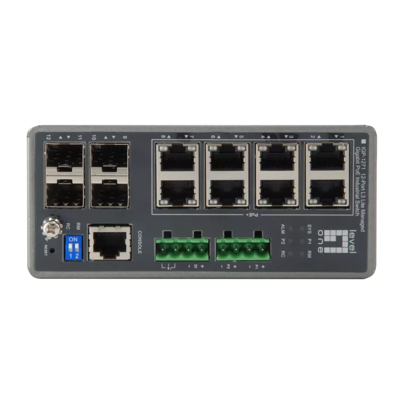 LevelOne IGP-1271 TURING pramoninis L3 Lite valdomas Gigabit PoE+ komutatorius, 12 prievadų (8 x PoE+, 4 x SFP), 240 W, DIN bėgelis, DC