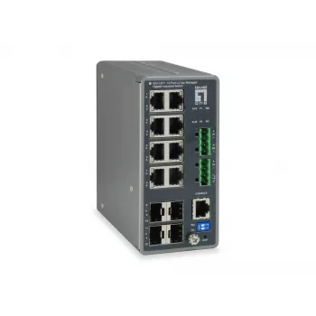 LevelOne TURING 12-Portų L3 Lite Valdomas Pramoninis Gigabit Jungiklis, 4 x SFP, DIN-Bėgis, -40°C iki 75°C