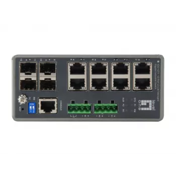 LevelOne TURING 12-Portų L3 Lite Valdomas Pramoninis Gigabit Jungiklis, 4 x SFP, DIN-Bėgis, -40°C iki 75°C