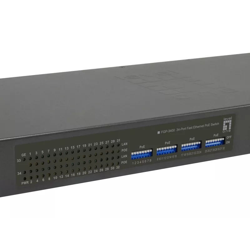 LevelOne 34 prievadų Fast Ethernet PoE jungiklis, 802.3at/af PoE, 32 PoE išėjimai, 2 x Gigabit RJ45, 380W
