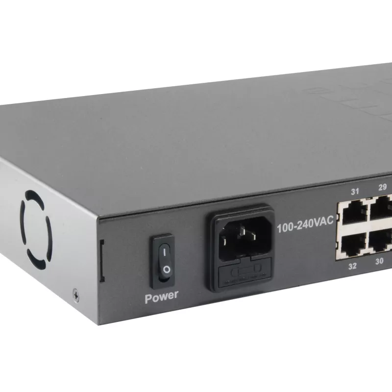 LevelOne 34 prievadų Fast Ethernet PoE komutatorius, 802.3at/af PoE, 32 PoE išėjimai, 2 x Gigabit RJ45, 630 W