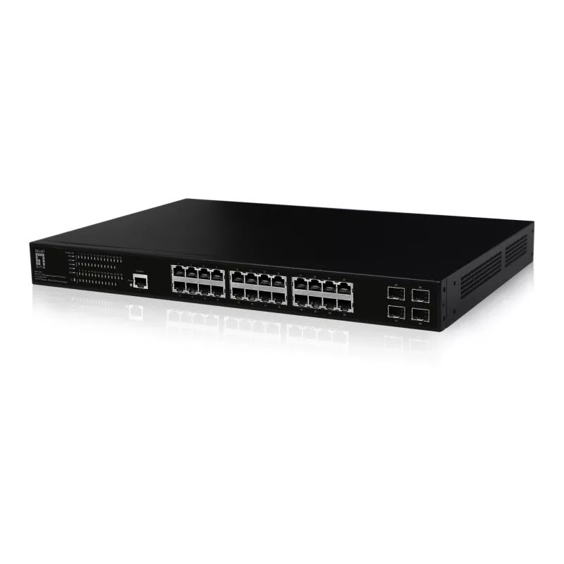 Valdomas L2 PoE+ tinklo jungiklis LevelOne GEP-2861, 24x Gigabit PoE+ + 4x SFP, 390W, 1U