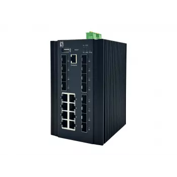 LevelOne IGU-2072 20 prievadų L2+ valdomas pramoninis jungiklis, 8 x 1GbE RJ45, 8 x 1GbE SFP, 4 x 1/2.5GbE SFP, DIN bėgelis, -40°C iki 80°C